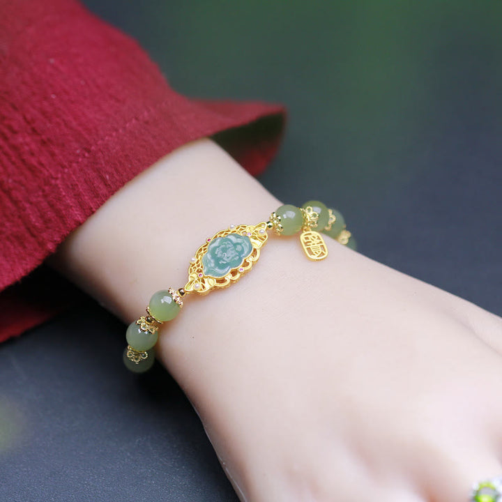 Buddha Stones 925スターリングシルバーメッキ 14Kゴールド 和田翡翠 蓮華幸運ブレスレット - image 2