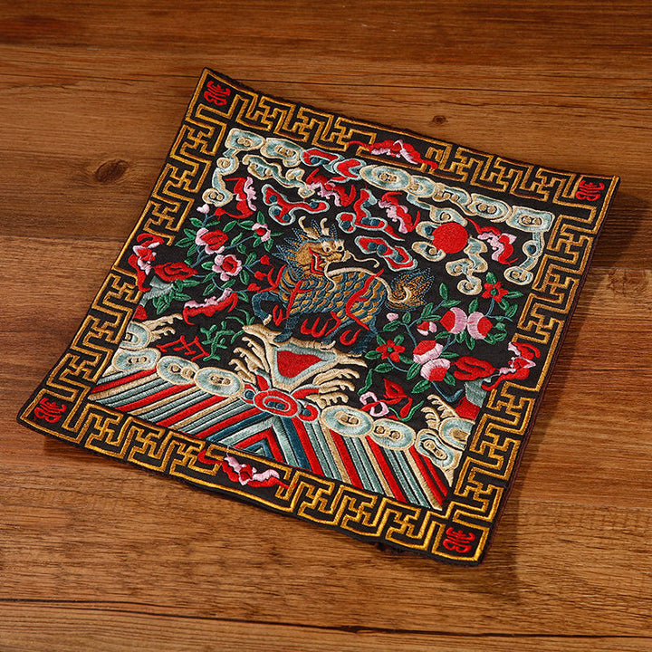 Buddha Stones鳳凰 龍 麒麟 刺繍 カップマットパッド ティーカップコースター スクエア カンフーティーマット