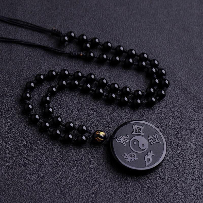 Buddha Stones天然黒曜石 道教 五大聖山 九字真言 彫刻 強さ 陰陽 ネックレス ペンダント キーチェーン - ブラックオブシディアン&ビーズチェーン - image 5