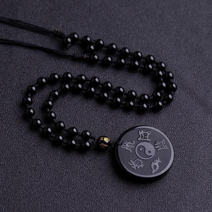 Buddha Stones天然黒曜石 道教 五大聖山 九字真言 彫刻 強さ 陰陽 ネックレス ペンダント キーチェーン - ブラックオブシディアン&ビーズチェーン - image 5