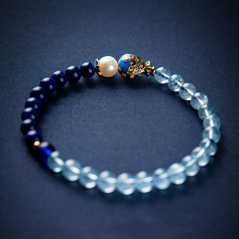 Buddha Stones天然アクアマリンラズライトフィッシュヒーリングブレスレット
