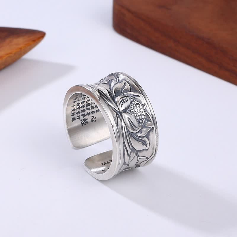 Buddha Stones999スターリングシルバー 蓮の花 般若心経 守護リング