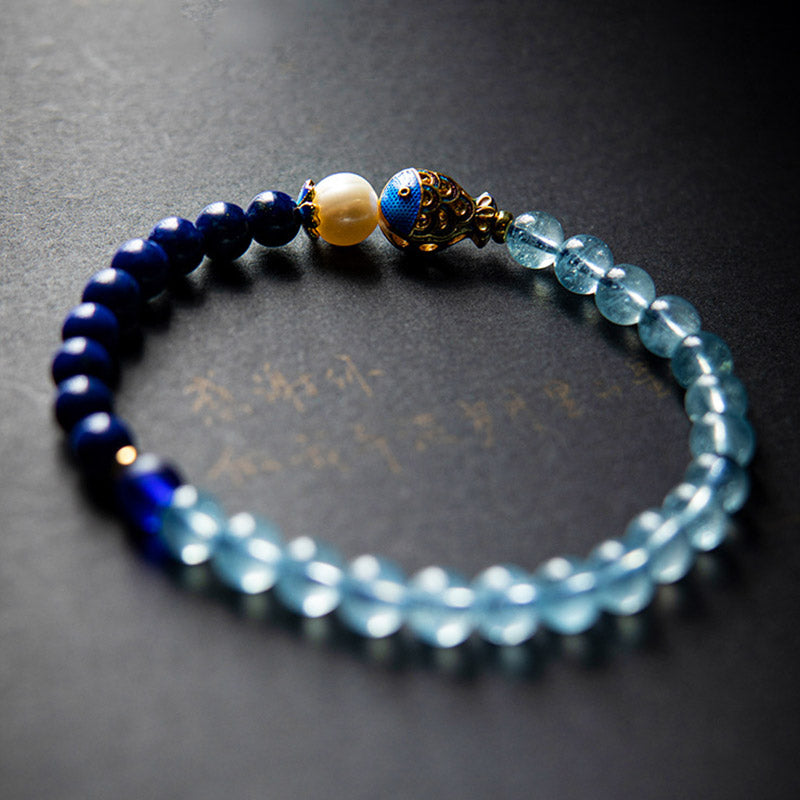 Buddha Stones天然アクアマリンラズライトフィッシュヒーリングブレスレット