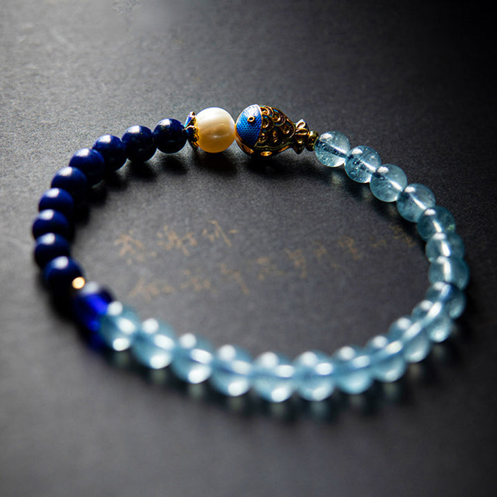 Buddha Stones天然アクアマリンラズライトフィッシュヒーリングブレスレット