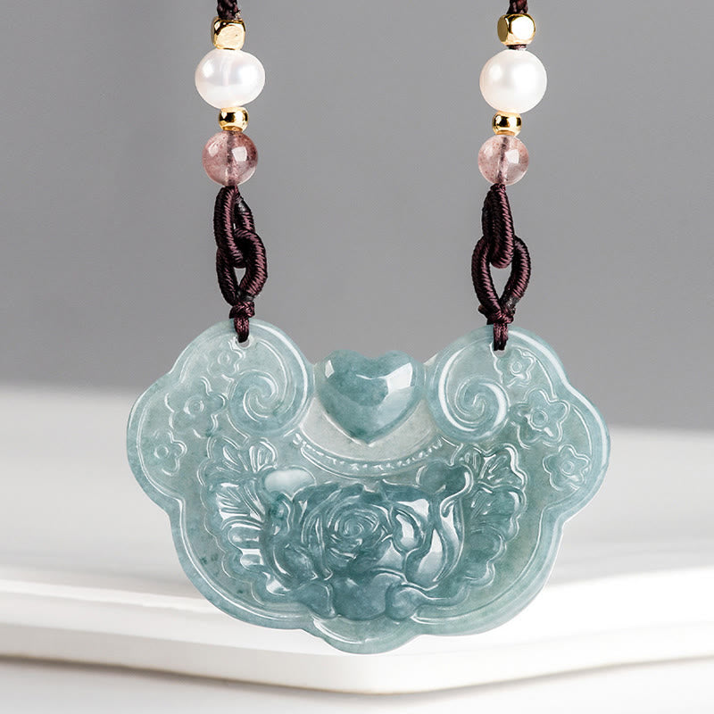 Buddha Stones天然翡翠牡丹花幸運の願いの鍵繁栄ネックレスペンダント