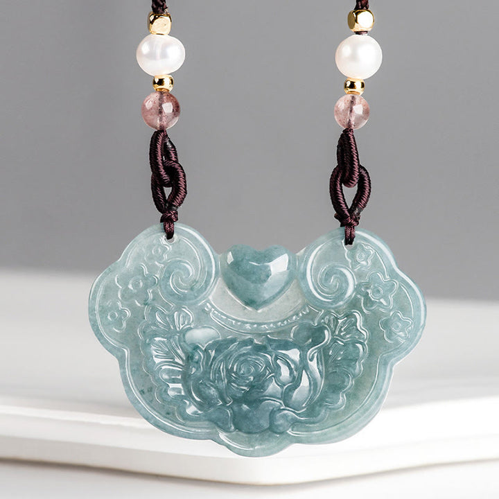 Buddha Stones天然翡翠牡丹花幸運の願いの鍵繁栄ネックレスペンダント