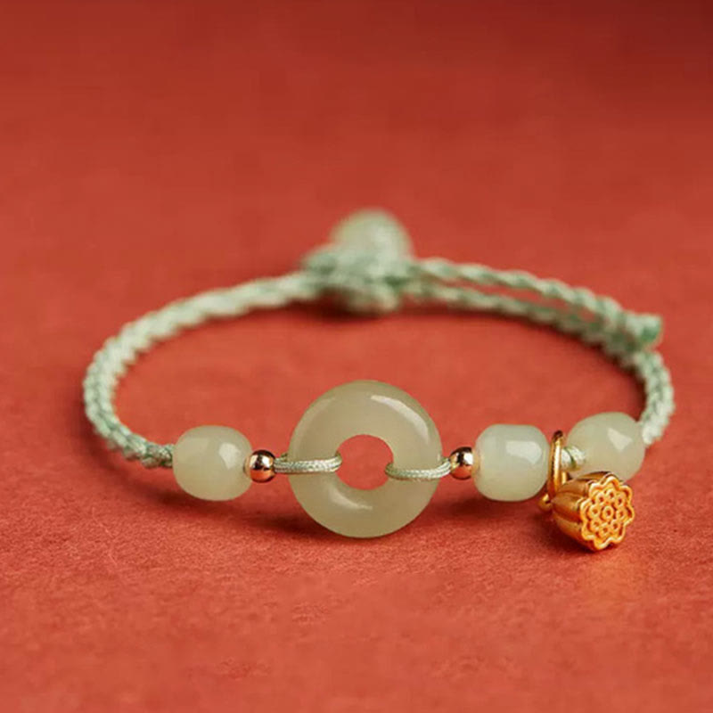 Buddha Stonesラウンドピース平和のお守りチャーム翡翠蓮幸福豊穣富ストリングブレスレット