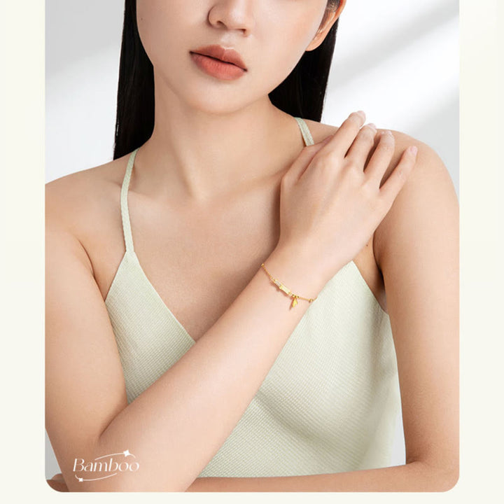 Buddha Stones 925スターリングシルバー 18Kゴールドメッキ ホワイトジェイド 竹 ジルコン リーフ 幸運ブレスレット