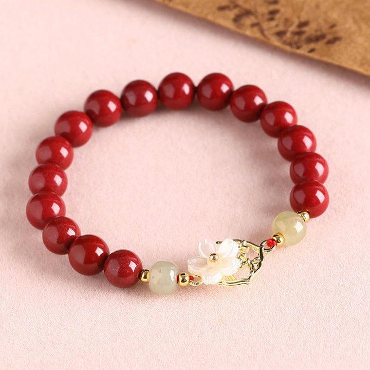 Buddha Stones天然辰砂翡翠ビーズ入りシャコガイ石花の祝福ブレスレット