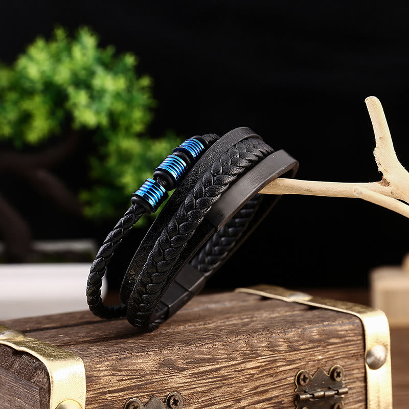 Buddha Stonesレザー多層チタン鋼バランス編み込み磁気バックルブレスレット