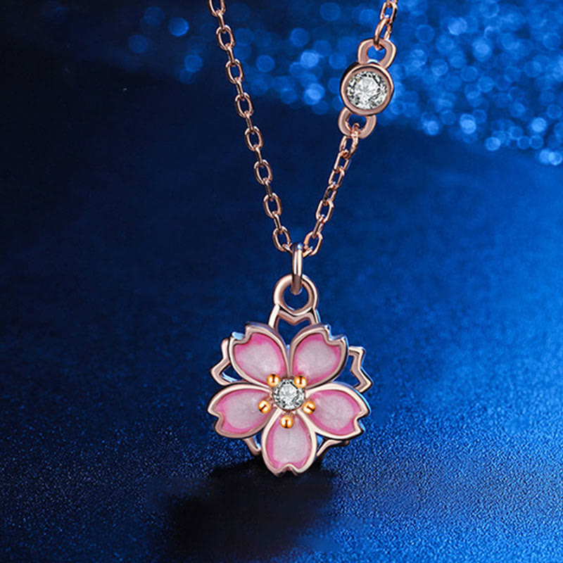 Buddha Stones925スターリングシルバー 桜の花 回転式保護ネックレスペンダント - ローズゴールドチェリーブロッサム - image 0