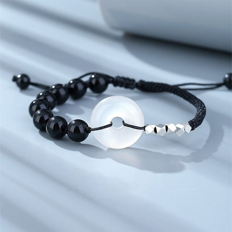 Buddha Stones 925スターリングシルバー ブラックオブシディアンアゲート ピースバックル ストレングスブレスレット