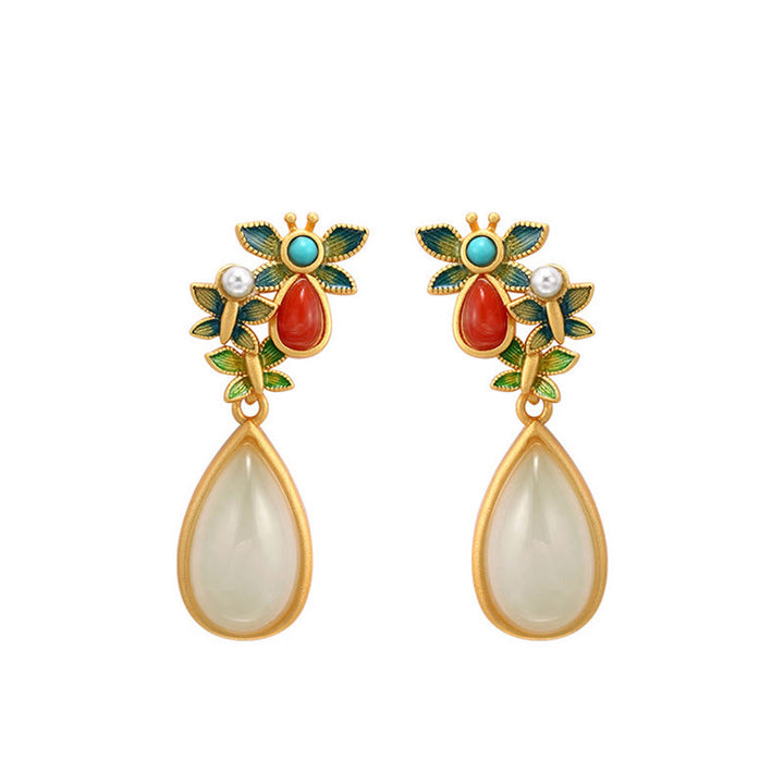 Buddha Stones水滴 白翡翠 赤瑪瑙 蝶の守護 ドロップ ダングル イヤリング