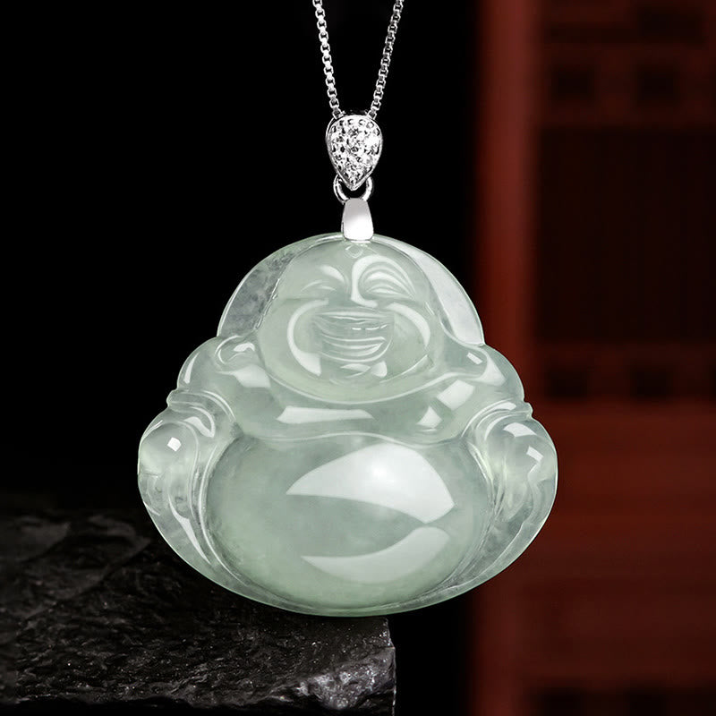 Buddha Stones925スターリングシルバー 天然翡翠 笑い仏 繁栄 豊穣 チェーンネックレス ペンダント