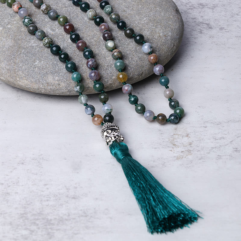 Buddha Stones 108Malaビーズ インド瑪瑙 仏頭浄化ブレスレット