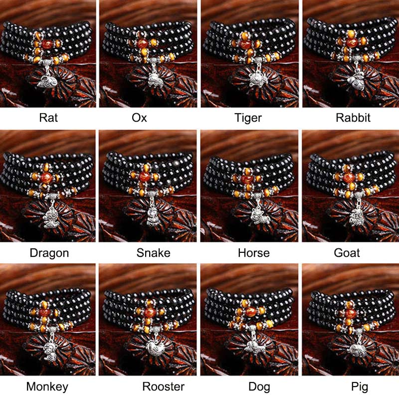 中国の十二支108ビーズ黒曜石タイガーアイ幸運Malaブレスレット