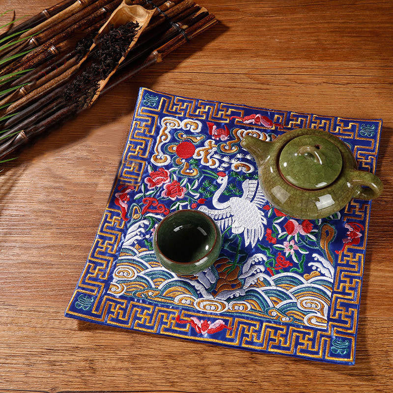 Buddha Stones鳳凰 龍 麒麟 刺繍 カップマットパッド ティーカップコースター スクエア カンフーティーマット