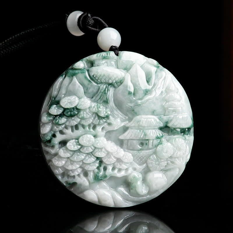 Buddha Stones、山の風景、翡翠の豊かさの紐ネックレス
