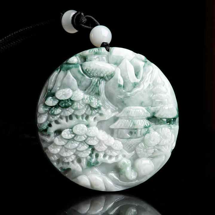 Buddha Stones、山の風景、翡翠の豊かさの紐ネックレス