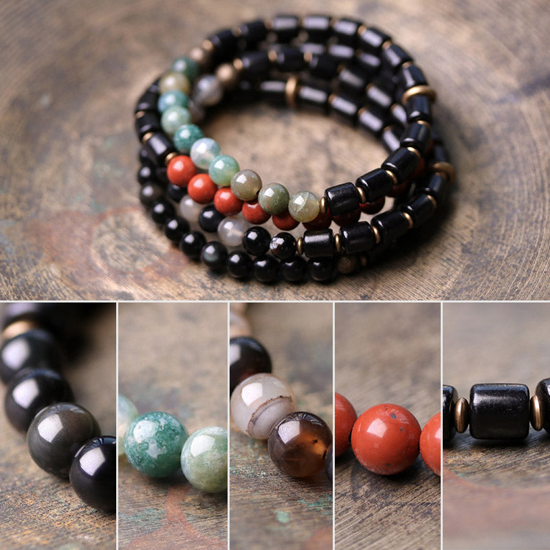 Buddha Stones、黒檀、赤ジャスパー、苔瑪瑙、水晶、銅、平和のカップルブレスレット