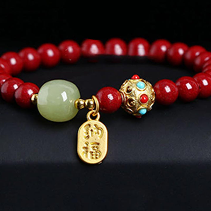 Buddha Stones辰砂 グリーンアベンチュリン 幸運 守護 チャームブレスレット