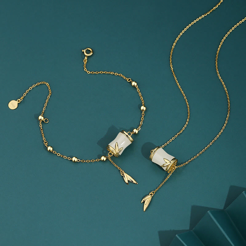 Buddha Stones 925スターリングシルバー 22Kゴールド 和田白翡翠 竹の葉 幸運のネックレス ペンダント ブレスレット