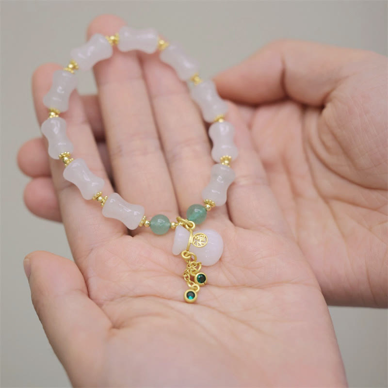 Buddha Stones天然ホワイトゴールドシルク翡翠竹模様富福袋福文字ブレスレット