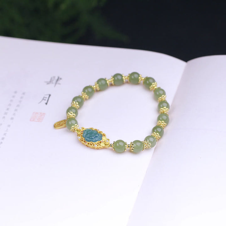 Buddha Stones 925スターリングシルバーメッキ 14Kゴールド 和田翡翠 蓮華幸運ブレスレット - image 4