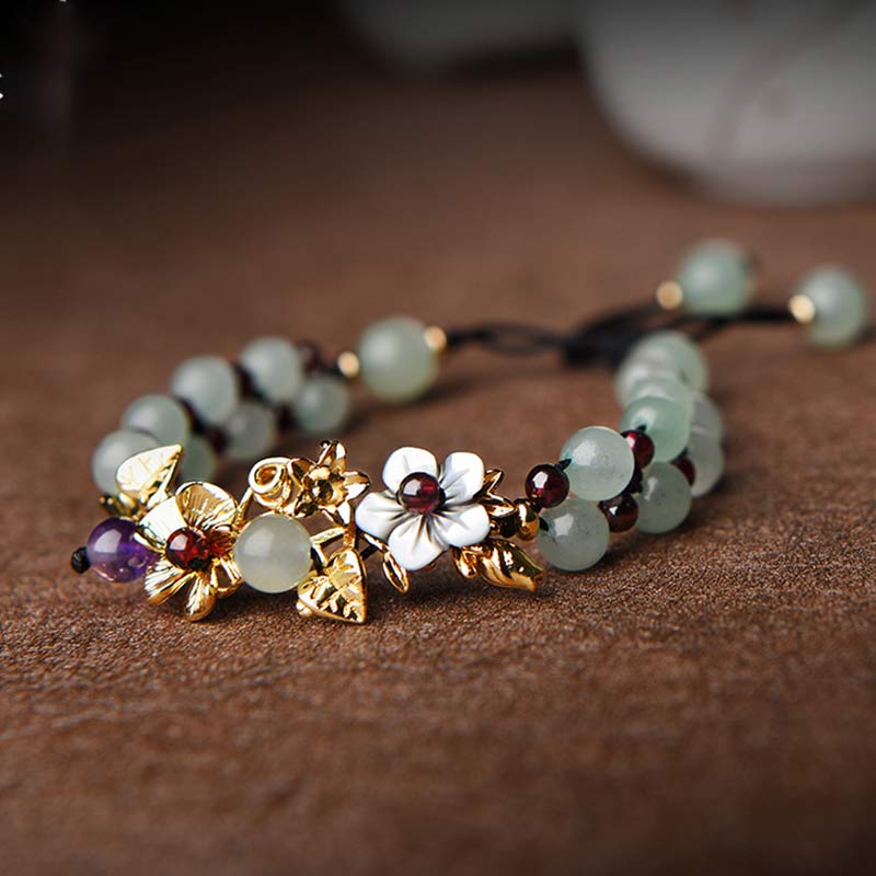 グリーンアベンチュリン ガーネット ビーズ 花びら 幸運 パワーストーンブレスレット Buddha Stones