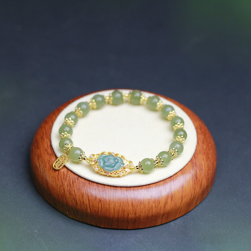 Buddha Stones 925スターリングシルバーメッキ 14Kゴールド 和田翡翠 蓮華幸運ブレスレット - image 5