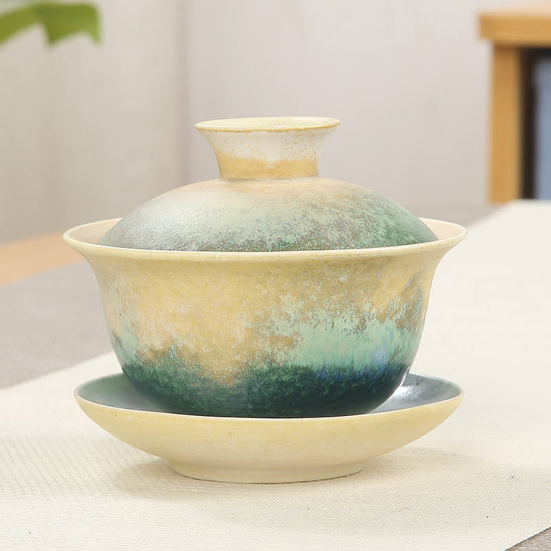 Buddha Stones緑の海の波模様 磁器 セラミック 蓋碗 三彩 ティーカップ カンフー ティーカップ ソーサー 蓋付き
