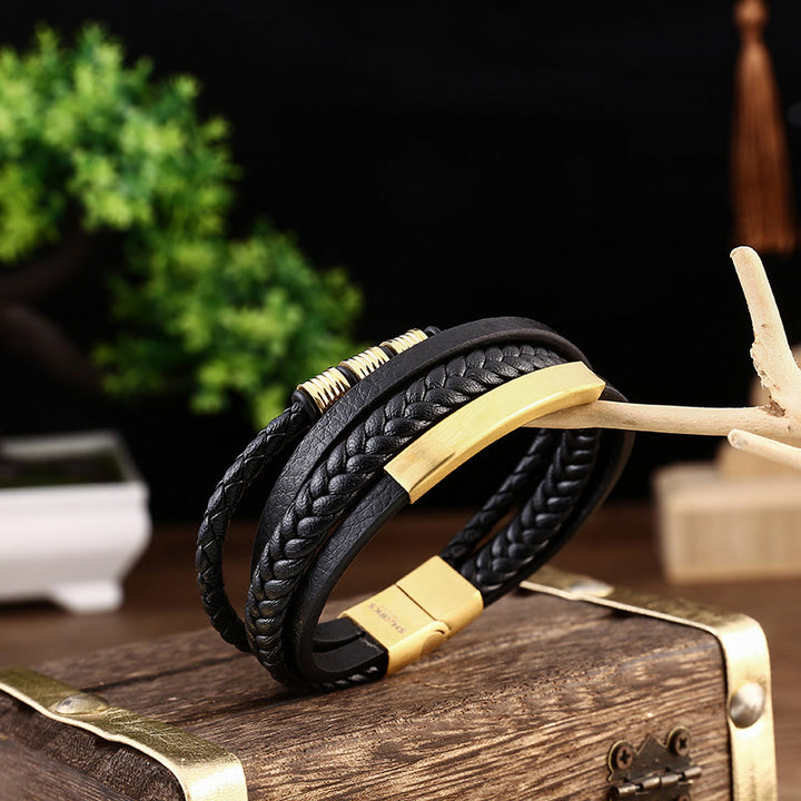 Buddha Stonesレザー多層チタン鋼バランス編み込み磁気バックルブレスレット