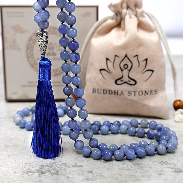 Buddha Stones 108Malaブルー アベンチュリン ビーズ ヨガ 瞑想 祈り ビーズ ネックレス
