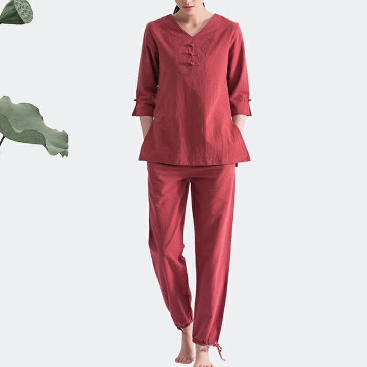 Buddha Stonesヨガ瞑想祈りVネックデザインコットンリネン服ユニフォーム禅練習レディースセット