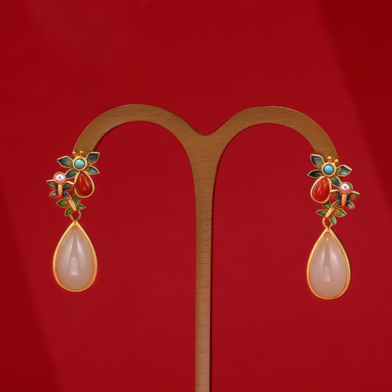 Buddha Stones水滴 白翡翠 赤瑪瑙 蝶の守護 ドロップ ダングル イヤリング