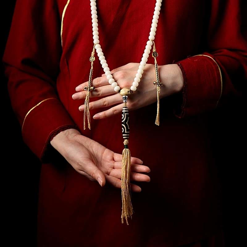 Buddha Stonesチベット 108Malaビーズ菩提樹種子八卦金剛 Dzi ビーズグレー瑪瑙富ブレスレット