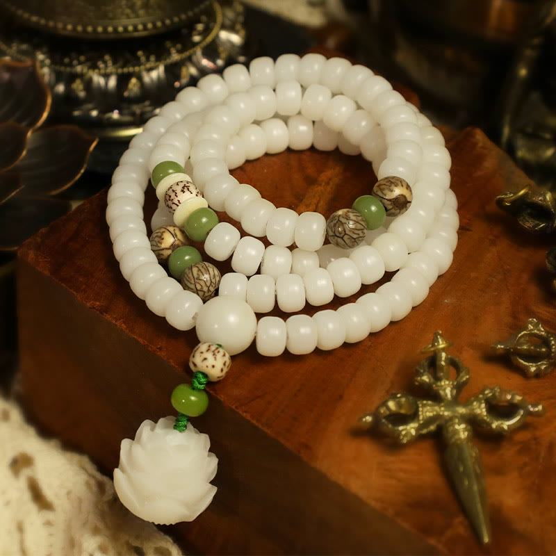 Buddha Stones 白翡翠&菩提樹ビーズ マーラ 念珠ネックレス 蓮チャーム付き