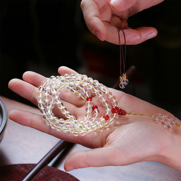 Buddha Stones 108Malaビーズ 925 スターリングシルバー 天然ホワイトアゲート レッドアゲート 4重ラップ保護ブレスレット