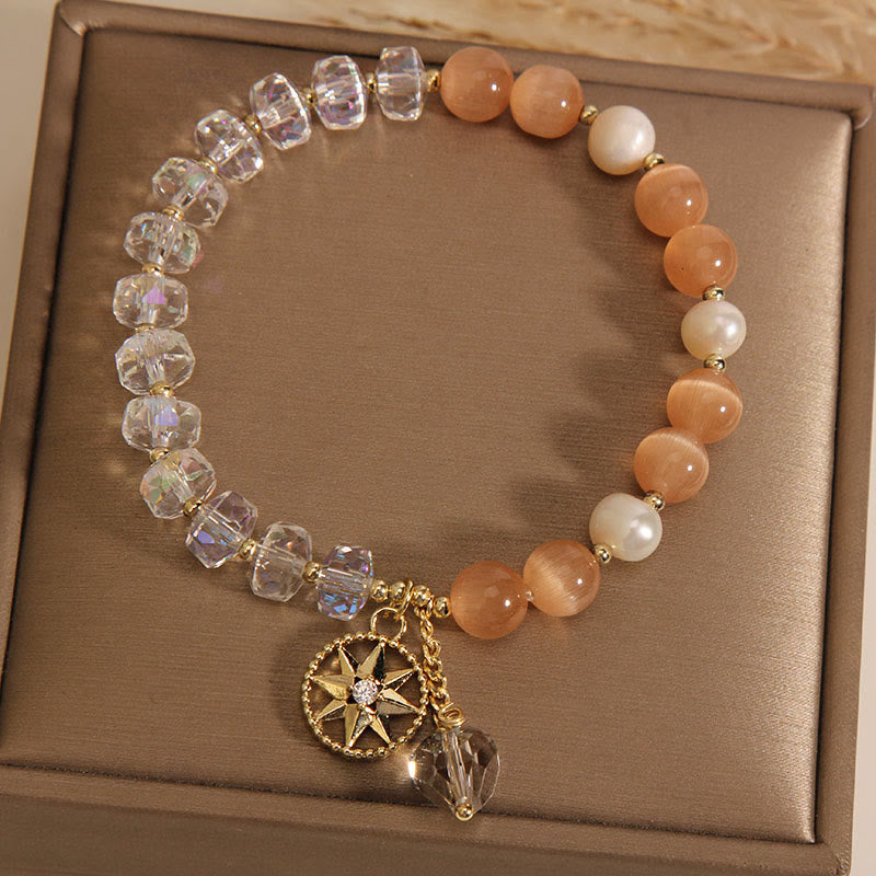 Buddha Stonesオレンジキャッツアイ ホワイトクリスタル スターサポートブレスレット