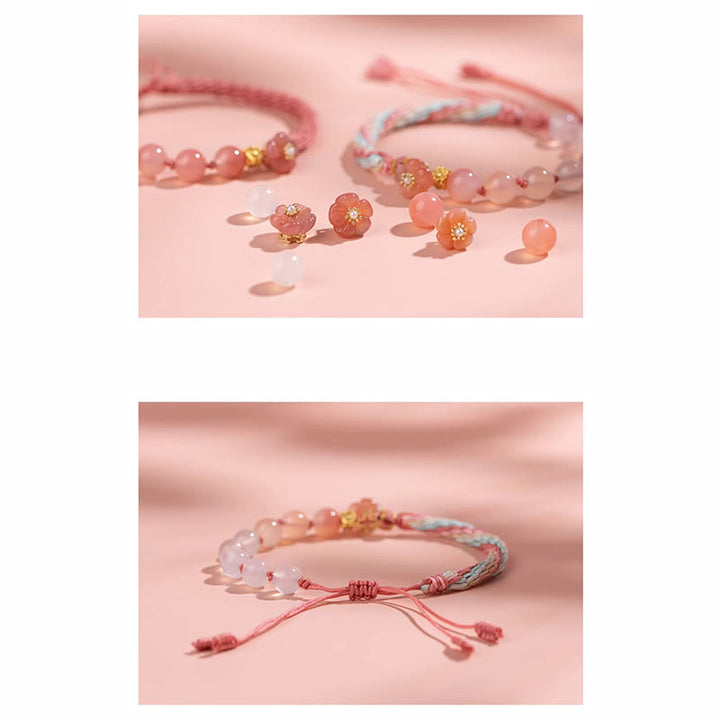 Buddha Stones天然グラデーション瑪瑙 輪廻結び 桃の花 富と幸運 手作り 紐ブレスレット