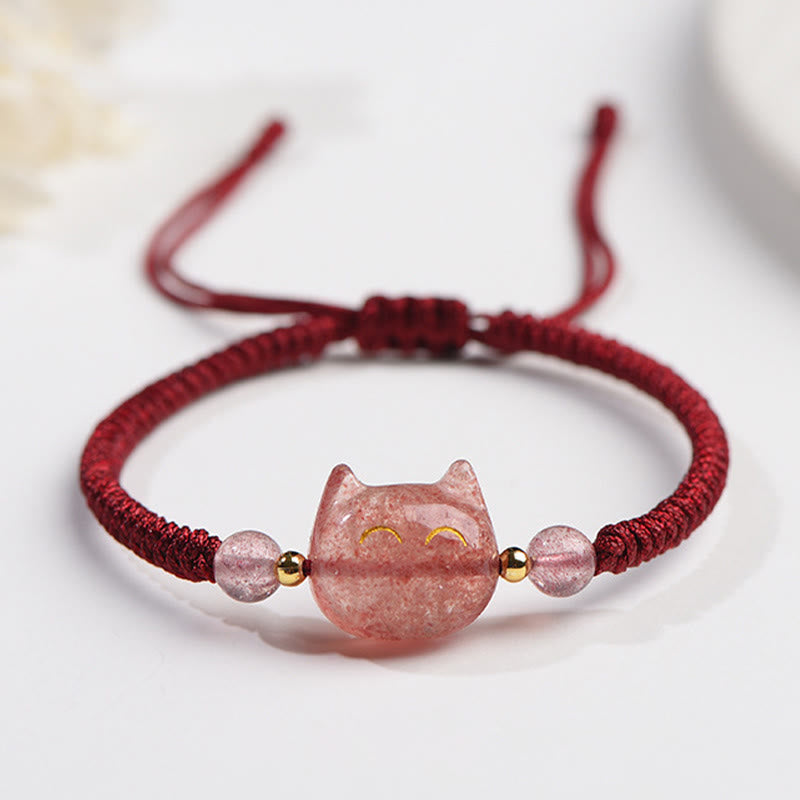Buddha Stonesハンドメイド 天然銀光沢黒曜石 ストロベリークォーツ かわいい猫のお守り編み込みブレスレット - ストロベリークォーツ(愛♥癒し) - 笑顔の猫 - image 8