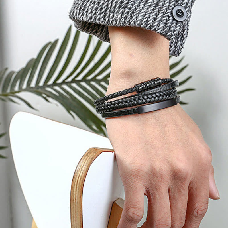 Buddha Stonesレザー多層チタン鋼バランス編み込み磁気バックルブレスレット