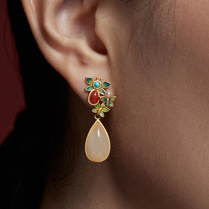 Buddha Stones水滴 白翡翠 赤瑪瑙 蝶の守護 ドロップ ダングル イヤリング