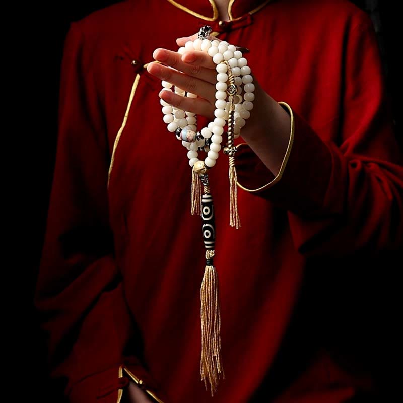 Buddha Stonesチベット 108Malaビーズ菩提樹種子八卦金剛 Dzi ビーズグレー瑪瑙富ブレスレット