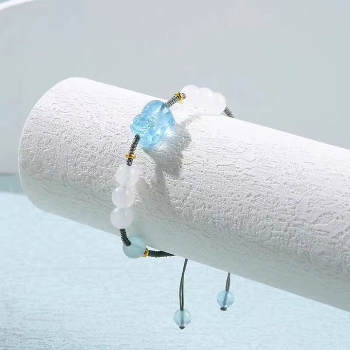 Buddha Stones天然アクアマリン貔貅和田白翡翠ヒーリングブレスレット