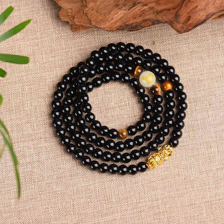 Buddha Stones、中国の十二支、黒曜石、貔貅(ピクシウ)の守護Malaブレスレット