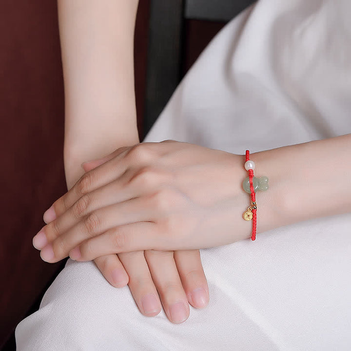 925スターリングシルバー 卯年 和田翡翠銅貨 富の赤い紐ブレスレット