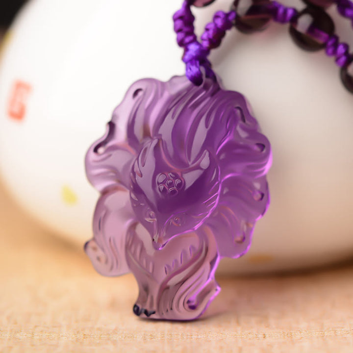 Buddha Stones天然アメジストホワイトクリスタルシトリン九尾狐幸運ネックレスペンダント