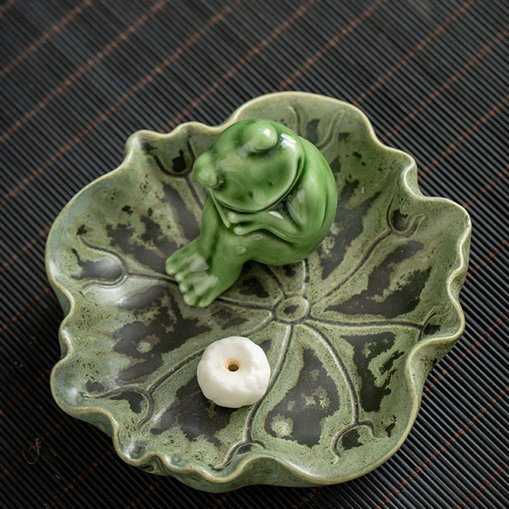 Buddha Stones葉 瞑想 カエル柄 癒し 陶器 香炉 装飾