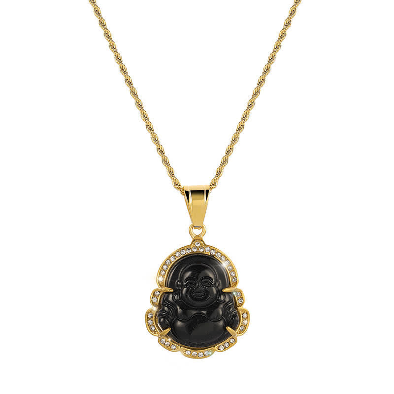 Buddha Stones18K ゴールドフィルド 笑う仏陀 翡翠 幸運のネックレスチェーンペンダント - 黒 - image 13